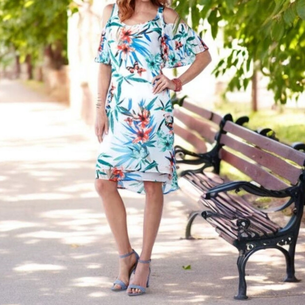 Cleo Floral Cold Shoulder Pleated Sleeves Dress Sz 10